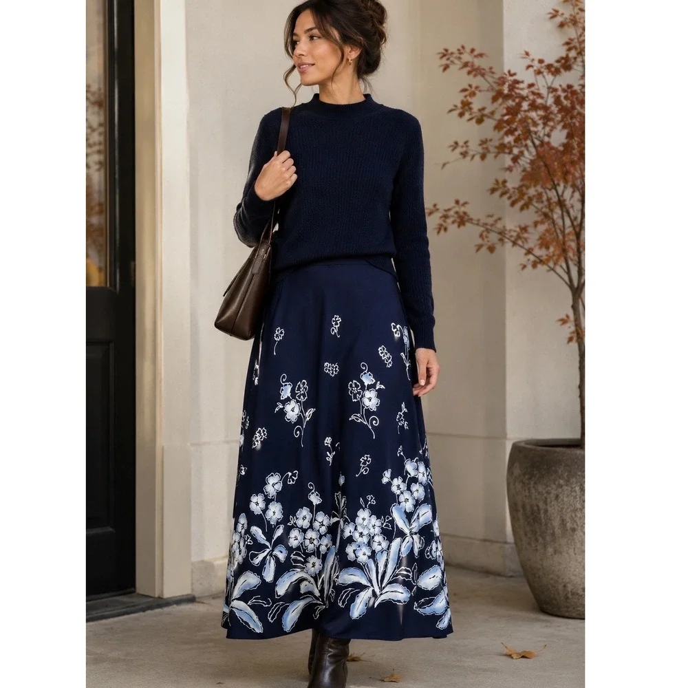 VTG Laura Scott Maxi Skirt Womens 18W Navy Blue Floral Border Print Cottagecore